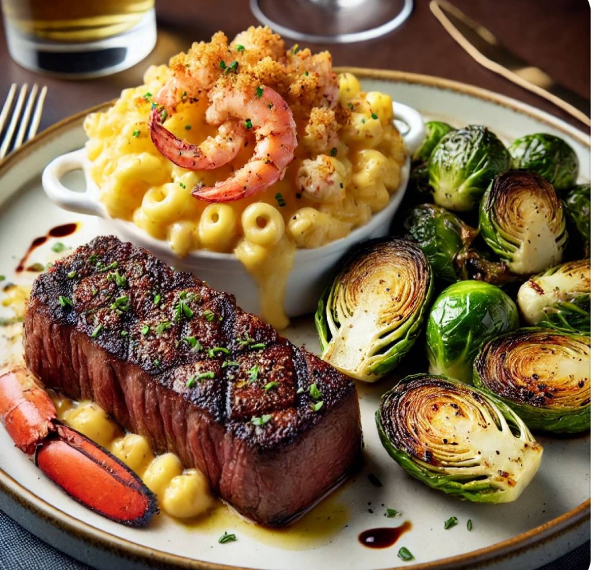 New York Strip Steak w/ Lobster Mac & Cheese and Brussel Sprouts