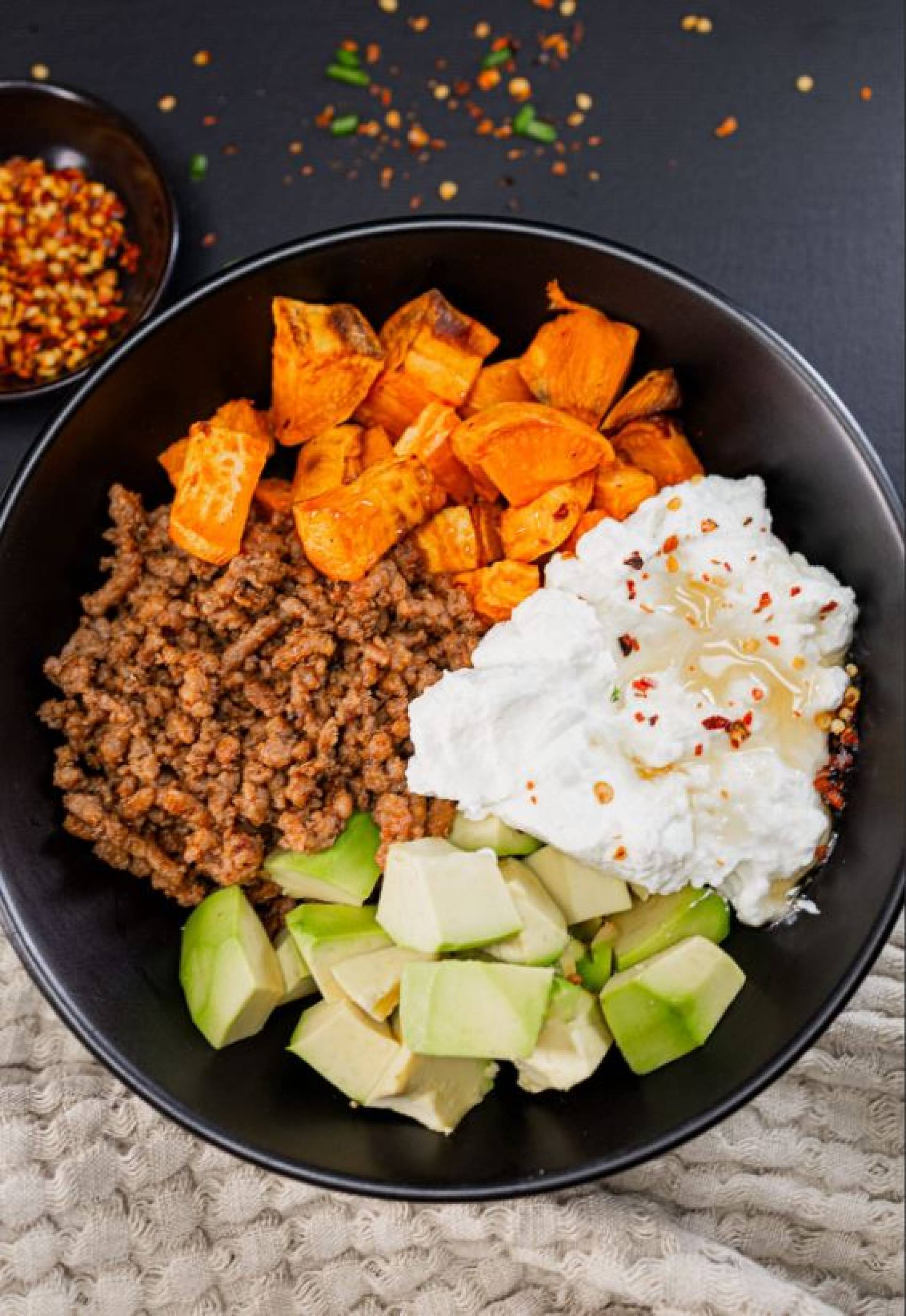 Ground Beef Sweet Potato Cottage Cheese Bowl