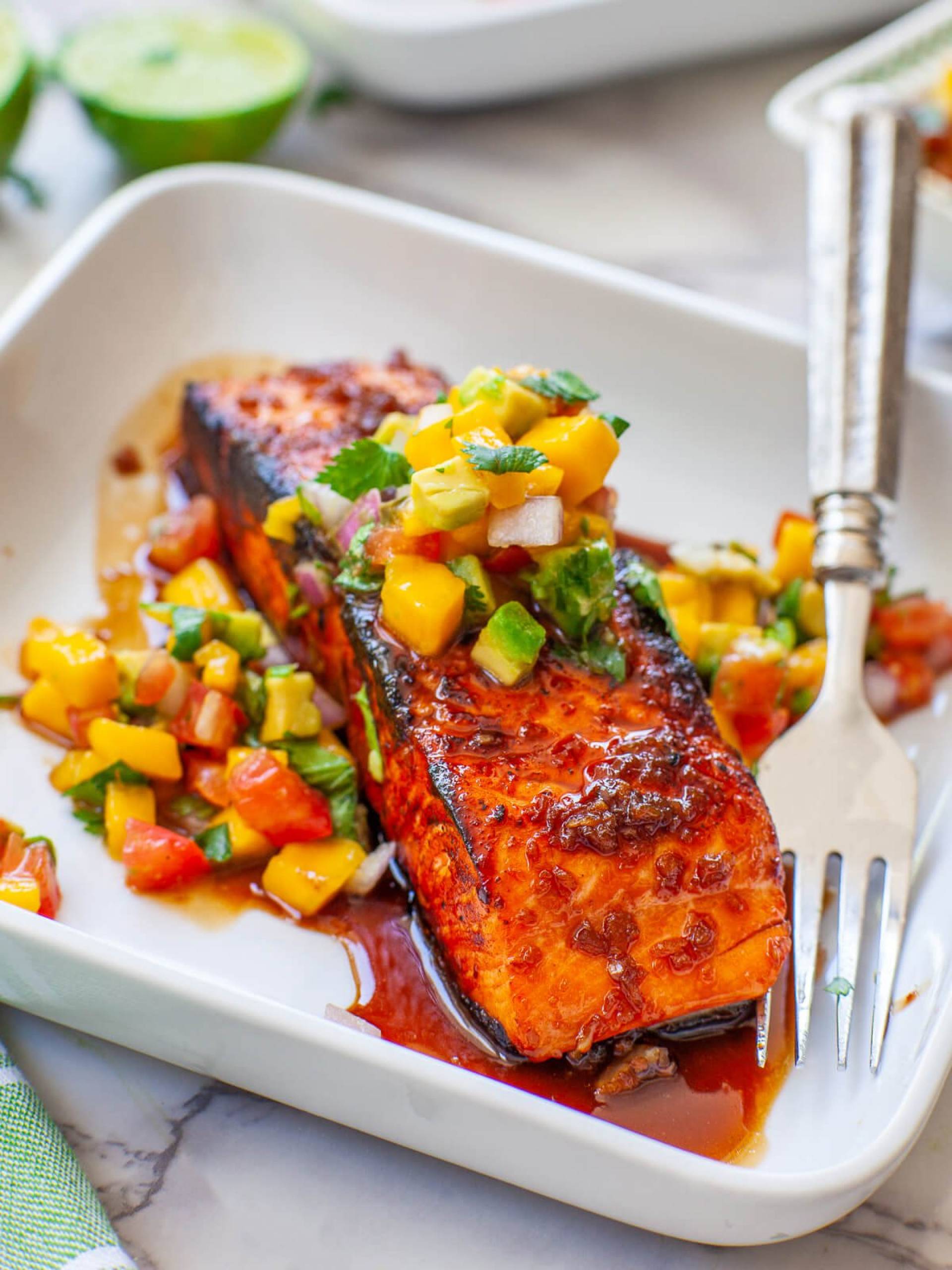 Mango Pepper Salmon w/ Baby Roasted Potatoes and Brussel Sprouts